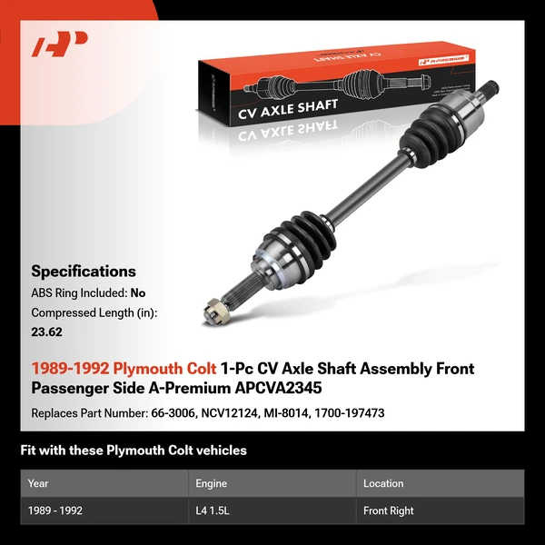 1989-1992 Plymouth Colt 1-Pc CV Axle Shaft Assembly Front Passenger Side A-Premium APCVA2345