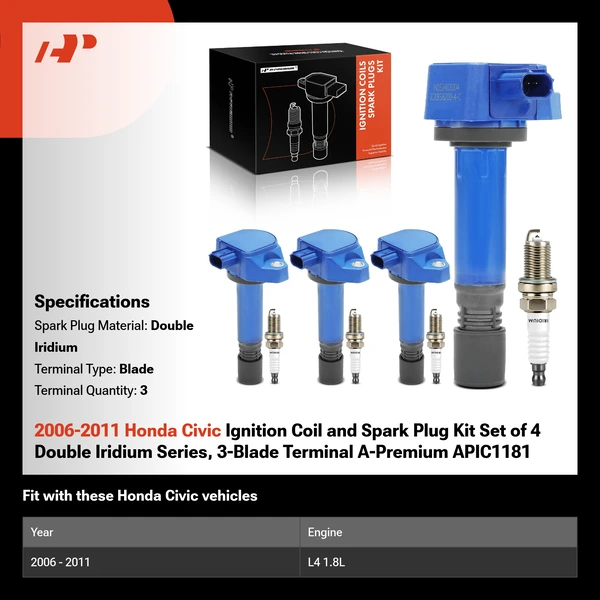 2006-2011 Honda Civic Ignition Coil and Spark Plug Kit Set of 4 Double Iridium Series, 3-Blade Terminal A-Premium APIC1181