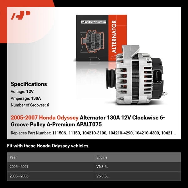 2005-2007 Honda Odyssey Alternator 130A 12V Clockwise 6-Groove Pulley A-Premium APALT075