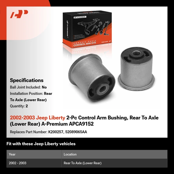 2002-2003 Jeep Liberty 2-Pc Control Arm Bushing, Rear To Axle (Lower Rear) A-Premium APCA9152