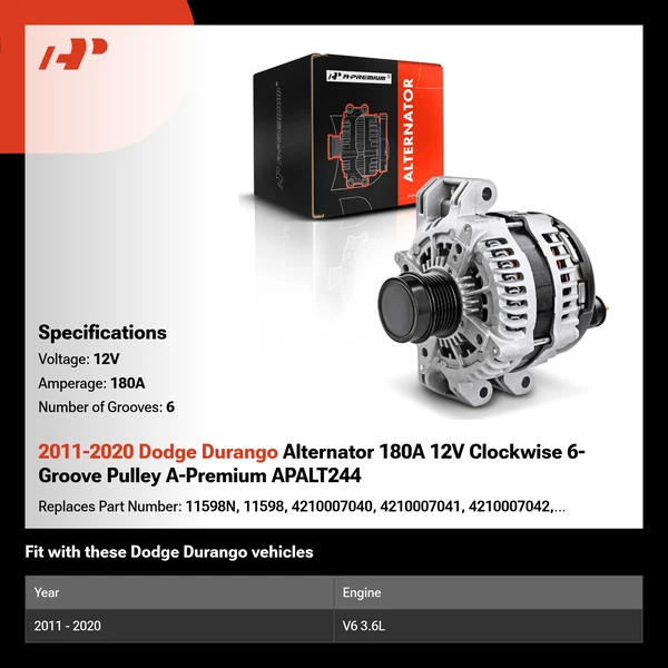 2011-2020 Dodge Durango Alternator 180A 12V Clockwise 6-Groove Pulley A-Premium APALT244