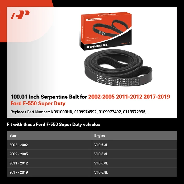 100.01 Inch Serpentine Belt for 2002-2005 2011-2012 2017-2019 Ford F-550 Super Duty