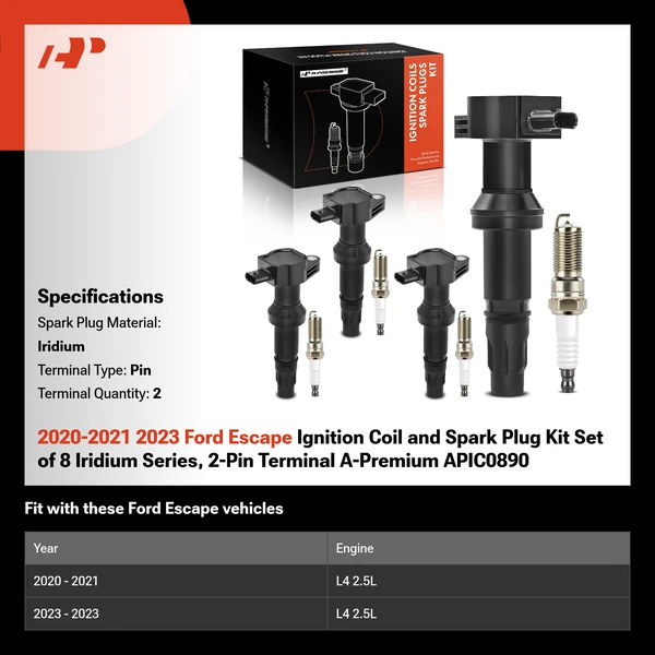 2020-2021 2023 Ford Escape Ignition Coil and Spark Plug Kit Set of 8 Iridium Series, 2-Pin Terminal A-Premium APIC0890