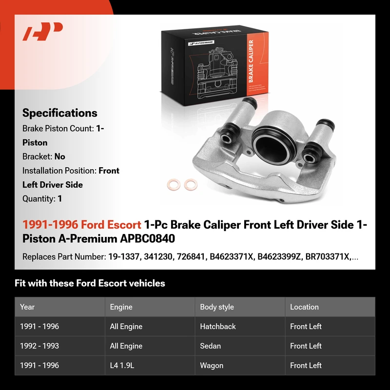 1991-1996 Ford Escort 1-Pc Brake Caliper Front Left Driver Side 1-Piston A-Premium APBC0840