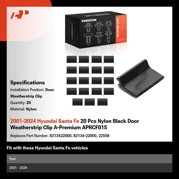 2001-2024 Hyundai Santa Fe 20 Pcs Nylon Black Door Weatherstrip Clip A-Premium APRCF015