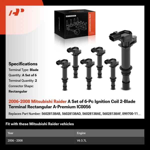 2006-2008 Mitsubishi Raider A Set of 6-Pc Ignition Coil 2-Blade Terminal Rectangular A-Premium IC0056
