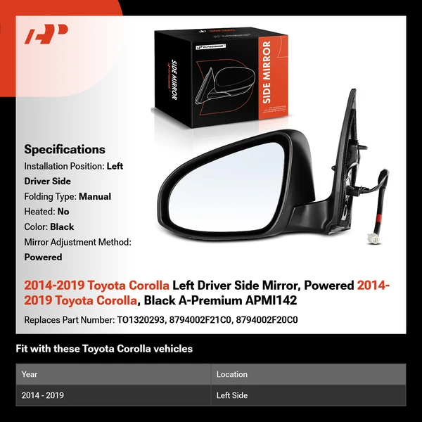2014-2019 Toyota Corolla Left Driver Side Mirror, Powered 2014-2019 Toyota Corolla, Black A-Premium APMI142