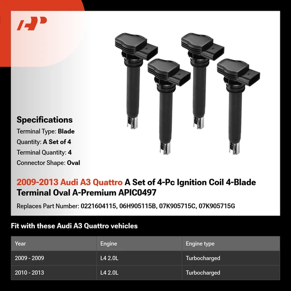 2009-2013 Audi A3 Quattro A Set of 4-Pc Ignition Coil 4-Blade Terminal Oval A-Premium APIC0497