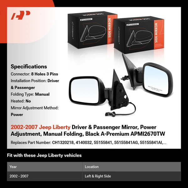 2002-2007 Jeep Liberty Driver & Passenger Mirror, Power Adjustment, Manual Folding, Black A-Premium APMI2670TW