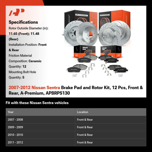 2007-2012 Nissan Sentra Brake Pad and Rotor Kit, 12 Pcs, Front & Rear, A-Premium, APBRPS130