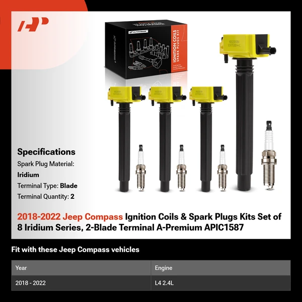 2018-2022 Jeep Compass Ignition Coils & Spark Plugs Kits Set of 8 Iridium Series, 2-Blade Terminal A-Premium APIC1587