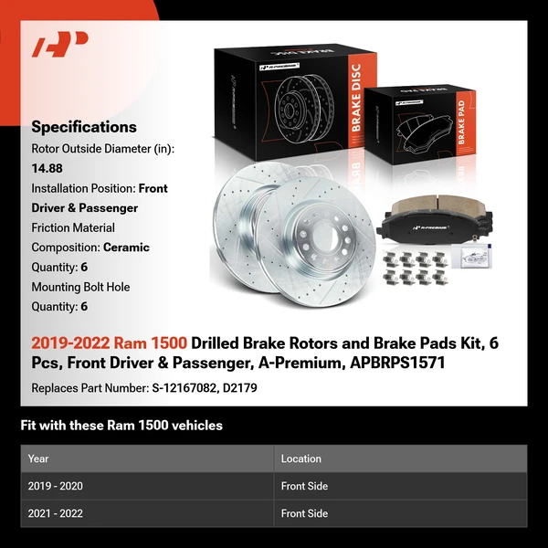 2019-2022 Ram 1500 Drilled Brake Rotors and Brake Pads Kit, 6 Pcs, Front Driver & Passenger, A-Premium, APBRPS1571
