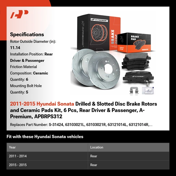 2011-2015 Hyundai Sonata Drilled & Slotted Disc Brake Rotors and Ceramic Pads Kit, 6 Pcs, Rear Driver & Passenger, A-Premium, APBRPS312