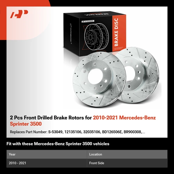 2 Pcs Front Drilled Brake Rotors for 2010-2021 Mercedes-Benz Sprinter 3500