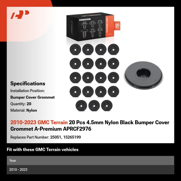 2010-2023 GMC Terrain 20 Pcs 4.5mm Nylon Black Bumper Cover Grommet A-Premium APRCF2976