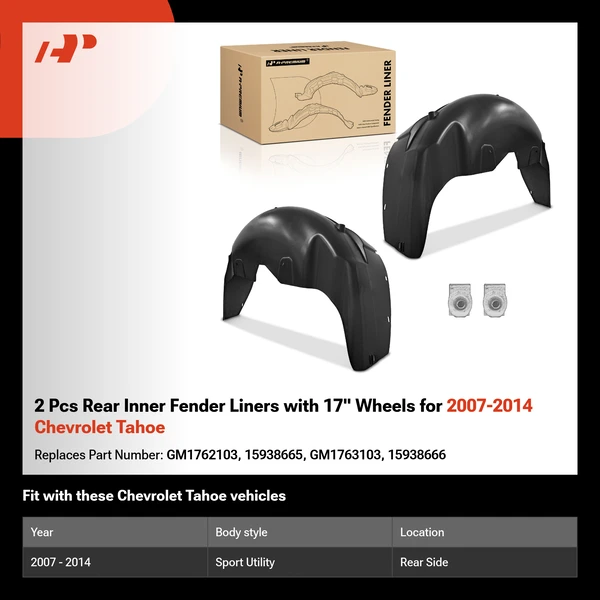 2 Pcs Rear Inner Fender Liners with 17" Wheels for 2007-2014 Chevrolet Tahoe
