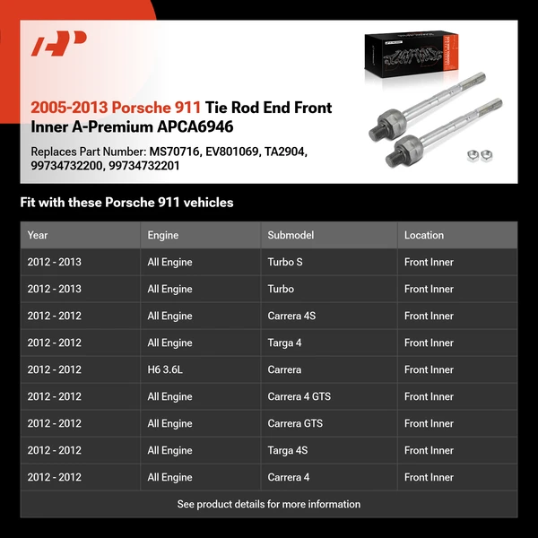 2005-2013 Porsche 911 Tie Rod End Front Inner A-Premium APCA6946