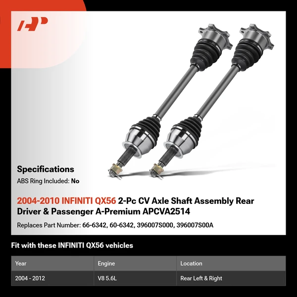 2004-2010 INFINITI QX56 2-Pc CV Axle Shaft Assembly Rear Driver & Passenger A-Premium APCVA2514