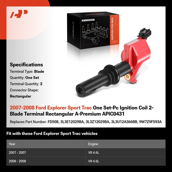 2007-2008 Ford Explorer Sport Trac One Set-Pc Ignition Coil 2-Blade Terminal Rectangular A-Premium APIC0431