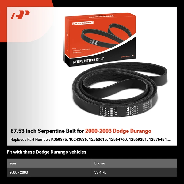 87.53 Inch Serpentine Belt for 2000-2003 Dodge Durango