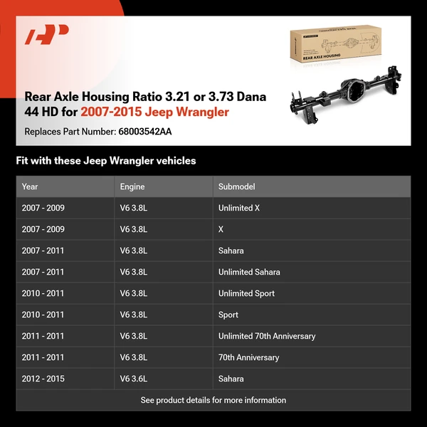 Rear Axle Housing Ratio 3.21 or 3.73 Dana 44 HD for 2007-2015 Jeep Wrangler