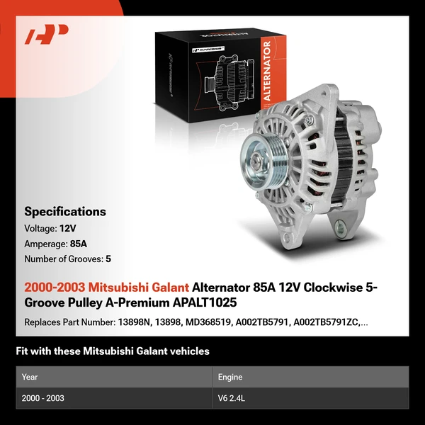 2000-2003 Mitsubishi Galant Alternator 85A 12V Clockwise 5-Groove Pulley A-Premium APALT1025