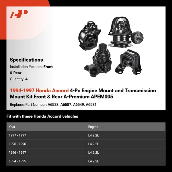 1994-1997 Honda Accord 4-Pc Engine Mount and Transmission Mount Kit Front & Rear A-Premium APEM005
