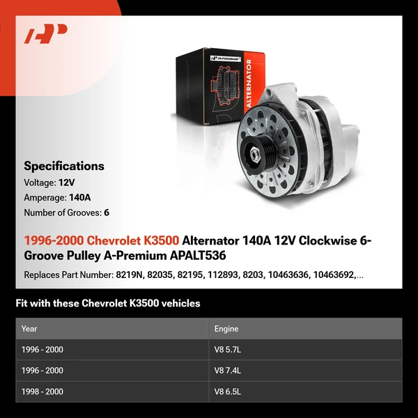 1996-2000 Chevrolet K3500 Alternator 140A 12V Clockwise 6-Groove Pulley A-Premium APALT536