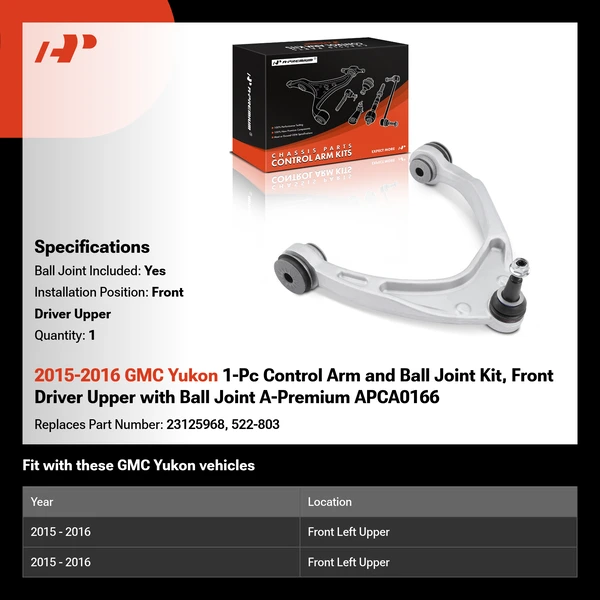 2015-2016 GMC Yukon 1-Pc Control Arm and Ball Joint Kit, Front Driver Upper with Ball Joint A-Premium APCA0166