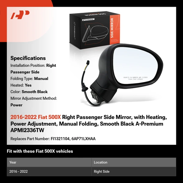 2016-2022 Fiat 500X Right Passenger Side Mirror, with Heating, Power Adjustment, Manual Folding, Smooth Black A-Premium APMI2336TW