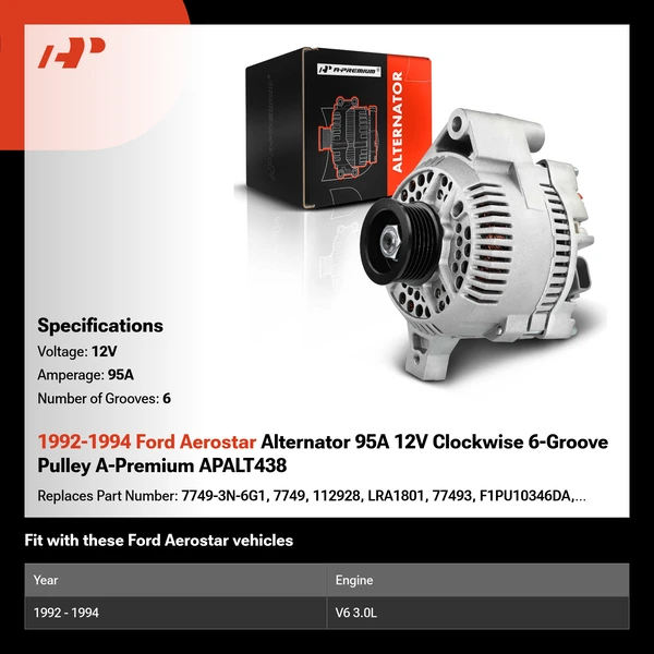 1992-1994 Ford Aerostar Alternator 95A 12V Clockwise 6-Groove Pulley A-Premium APALT438