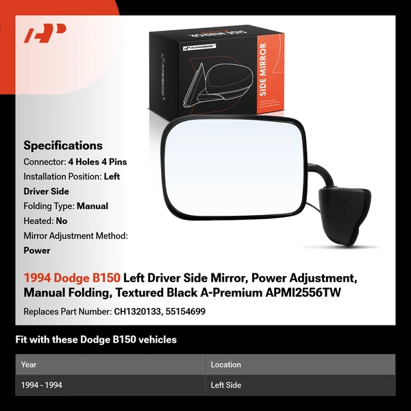 1994 Dodge B150 Left Driver Side Mirror, Power Adjustment, Manual Folding, Textured Black A-Premium APMI2556TW
