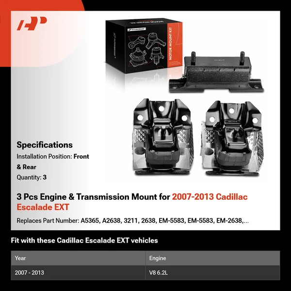 3 Pcs Engine & Transmission Mount for 2007-2013 Cadillac Escalade EXT