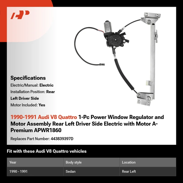 1990-1991 Audi V8 Quattro 1-Pc Power Window Regulator and Motor Assembly Rear Left Driver Side Electric with Motor A-Premium APWR1860