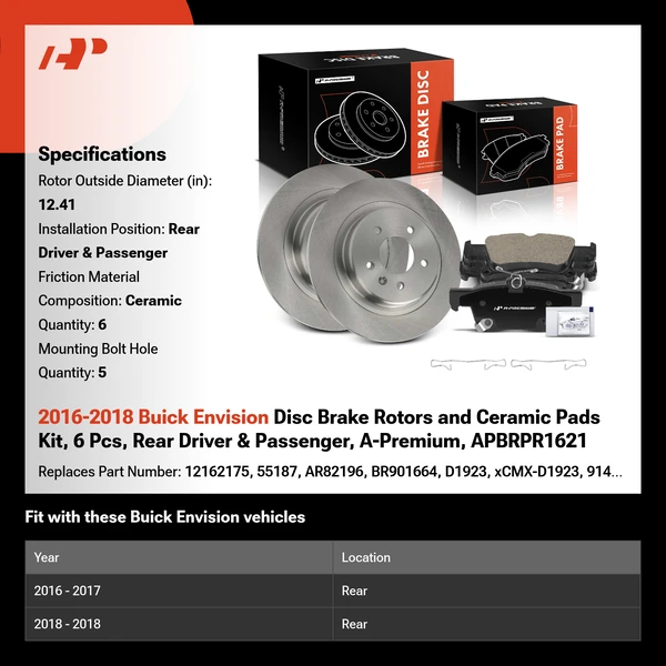 2016-2018 Buick Envision Disc Brake Rotors and Ceramic Pads Kit, 6 Pcs, Rear Driver & Passenger, A-Premium, APBRPR1621