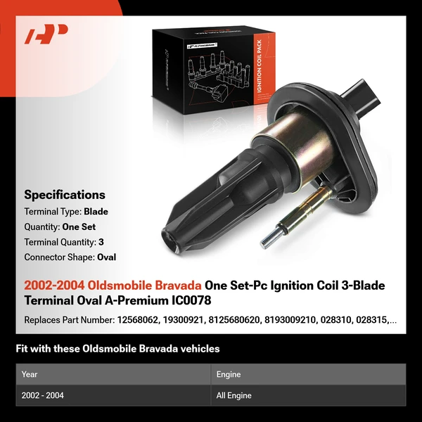 2002-2004 Oldsmobile Bravada One Set-Pc Ignition Coil 3-Blade Terminal Oval A-Premium IC0078