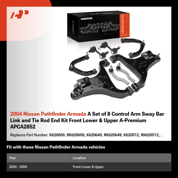 2004 Nissan Pathfinder Armada A Set of 8 Control Arm Sway Bar Link and Tie Rod End Kit Front Lower & Upper A-Premium APCA2852