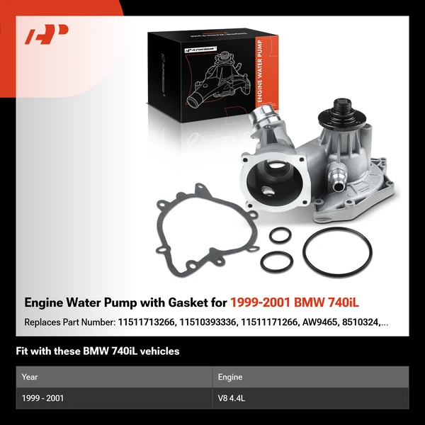 Engine Water Pump with Gasket for 1999-2001 BMW 740iL