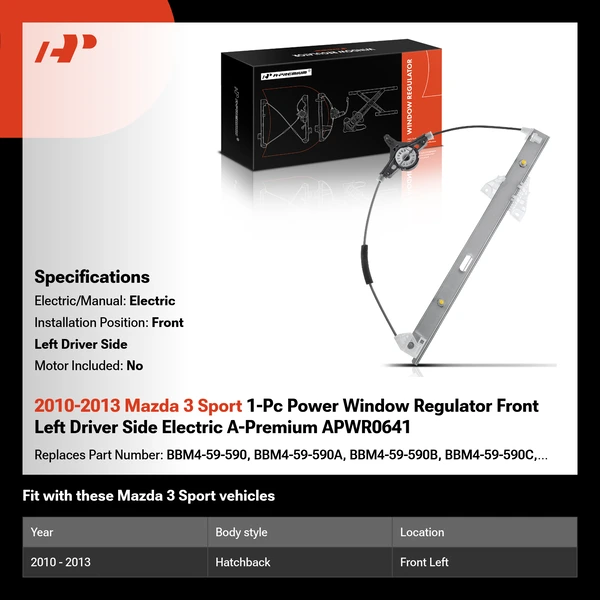 2010-2013 Mazda 3 Sport 1-Pc Power Window Regulator Front Left Driver Side Electric A-Premium APWR0641