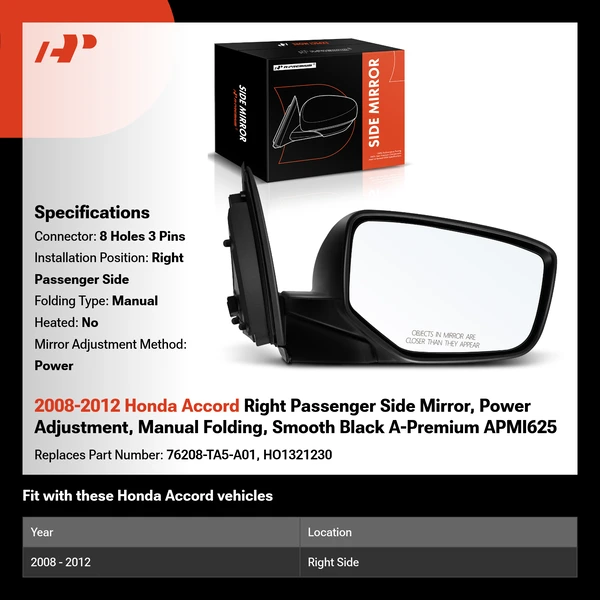 2008-2012 Honda Accord Right Passenger Side Mirror, Power Adjustment, Manual Folding, Smooth Black A-Premium APMI625
