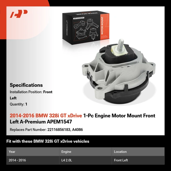 2014-2016 BMW 328i GT xDrive 1-Pc Engine Motor Mount Front Left A-Premium APEM1547