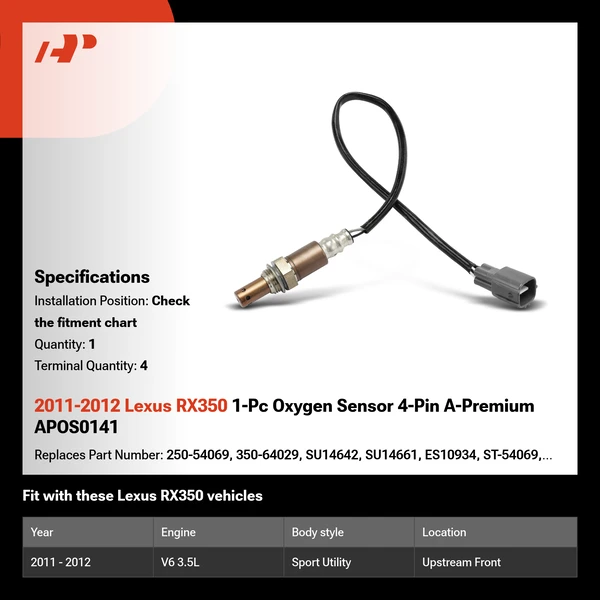 2011-2012 Lexus RX350 1-Pc Oxygen Sensor 4-Pin A-Premium APOS0141