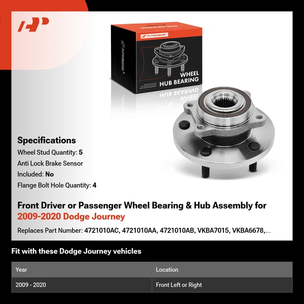 Front Driver or Passenger Wheel Bearing & Hub Assembly for 2009-2020 Dodge Journey