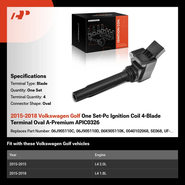 2015-2018 Volkswagen Golf One Set-Pc Ignition Coil 4-Blade Terminal Oval A-Premium APIC0326