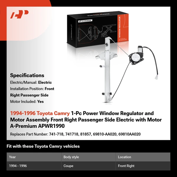 1994-1996 Toyota Camry 1-Pc Power Window Regulator and Motor Assembly Front Right Passenger Side Electric with Motor A-Premium APWR1990