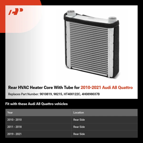 Rear HVAC Heater Core With Tube for 2010-2021 Audi A8 Quattro