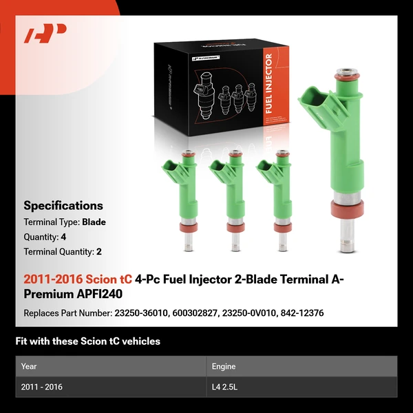 2011-2016 Scion tC 4-Pc Fuel Injector 2-Blade Terminal A-Premium APFI240