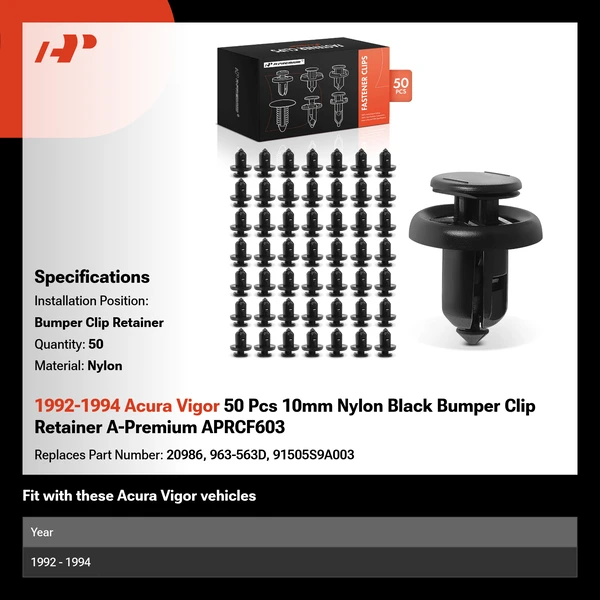1992-1994 Acura Vigor 50 Pcs 10mm Nylon Black Bumper Clip Retainer A-Premium APRCF603