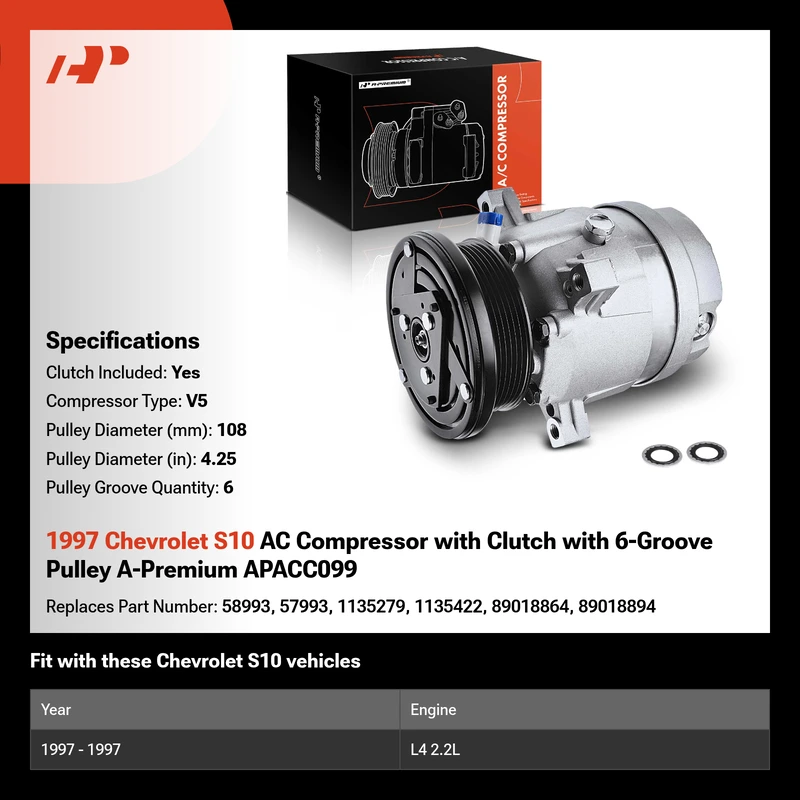 1997 Chevrolet S10 AC Compressor with Clutch with 6-Groove Pulley A-Premium APACC099