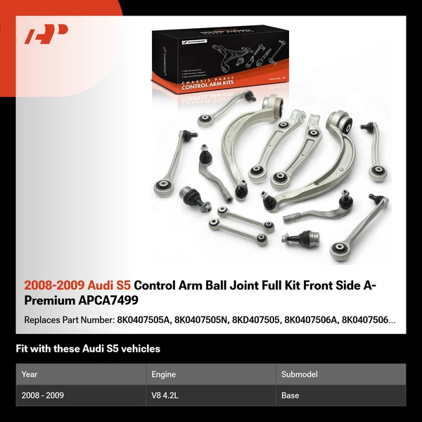 2008-2009 Audi S5 Control Arm Ball Joint Full Kit Front Side A-Premium APCA7499